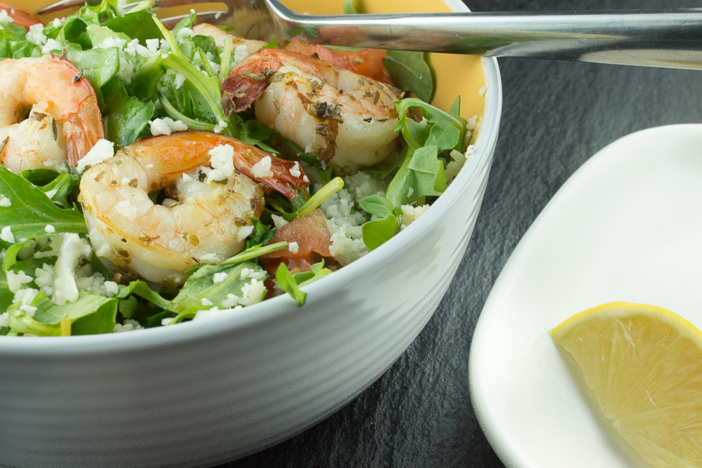 Cauliflower Couscous and Arugula Salad with Shrimp